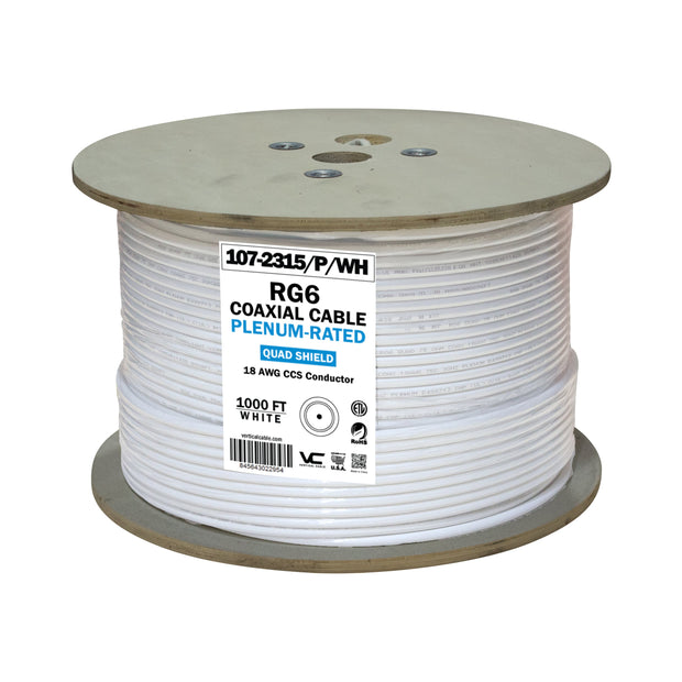 Vertical Cable RG6 Quad Shield Coaxial Cable 18 AWG Solid CCS Conductor Plenum 1000ft, White