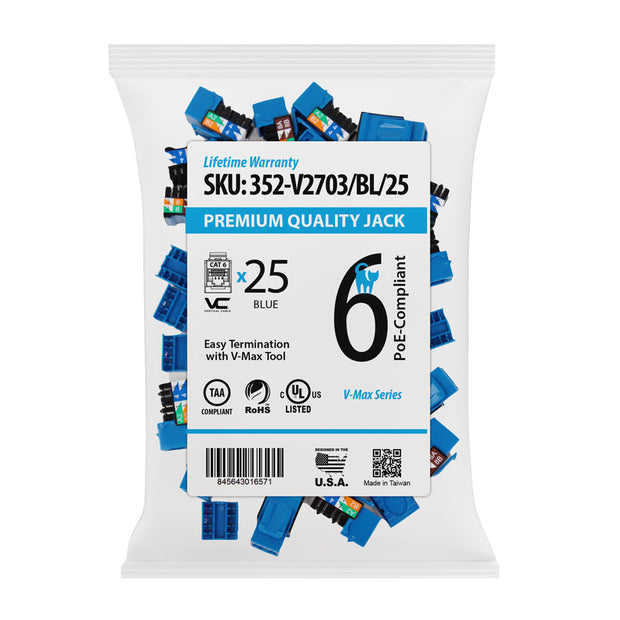 Vertical Cable CAT6 RJ45 Keystone Jack V-Max Series Single/25 pack