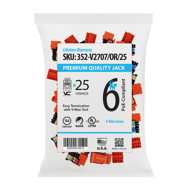 Vertical Cable CAT6 RJ45 Keystone Jack V-Max Series Single/25 pack