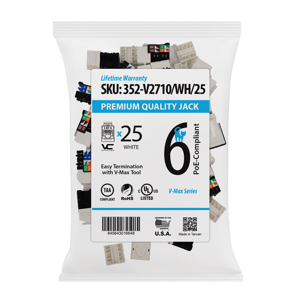 Vertical Cable CAT6 RJ45 Keystone Jack V-Max Series Single/25 pack