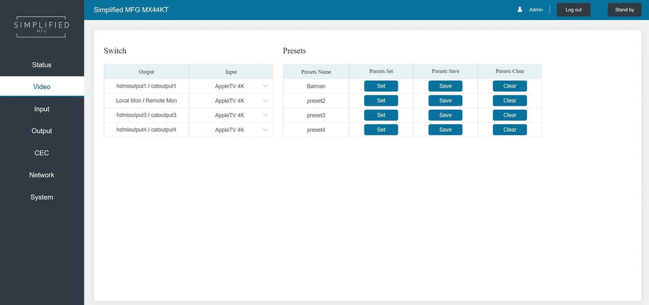 Simplified MX44KT Scaling 50m 4K 4x4 HDMI Matrix Kit over CAT5e/6/7