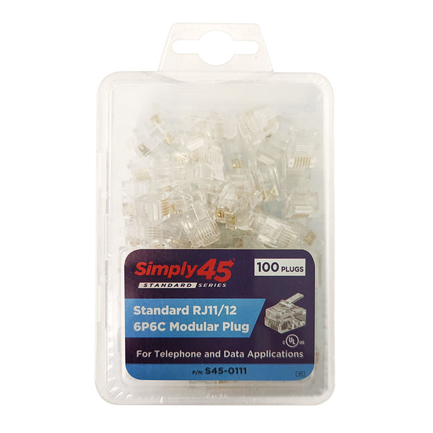 Simply45 S45-0111 Standard RJ11/RJ12 Modular Plugs, Clear Tint - 100PC/Clamshell