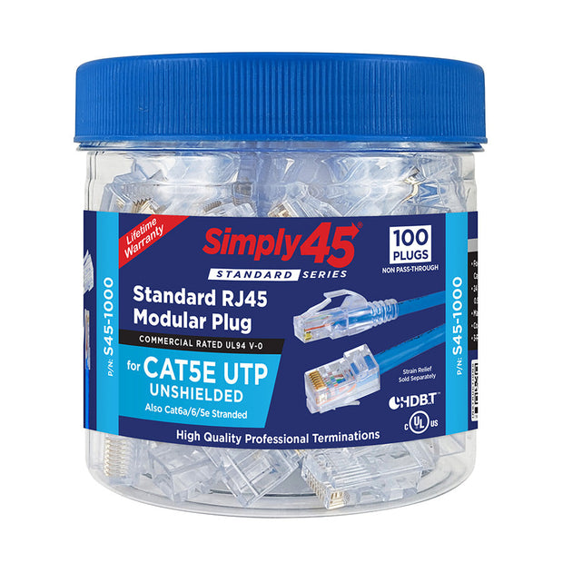 Simply45 S45-1000 Standard Cat5e UTP RJ45 Modular Plugs, Blue Tint - 100pcs/Jar