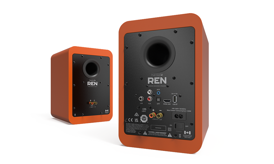 Kanto RENMO 200W Powered Bookshelf Speakers with HDMI ARC, USB-C, and Bluetooth 5.3 - Matte Orange, Pair